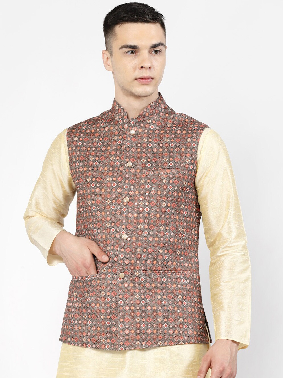 

Badoliya & Sons Ethnic Motifs Printed Mandarin Collar Nehru Jacket, Brown