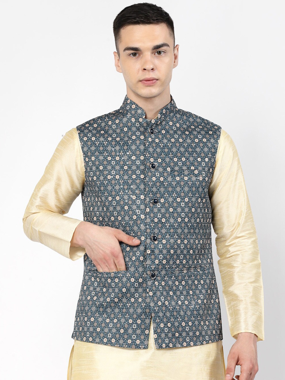 

Badoliya & Sons Ethnic Motifs Printed Mandarin Collar Nehru Jacket, Blue