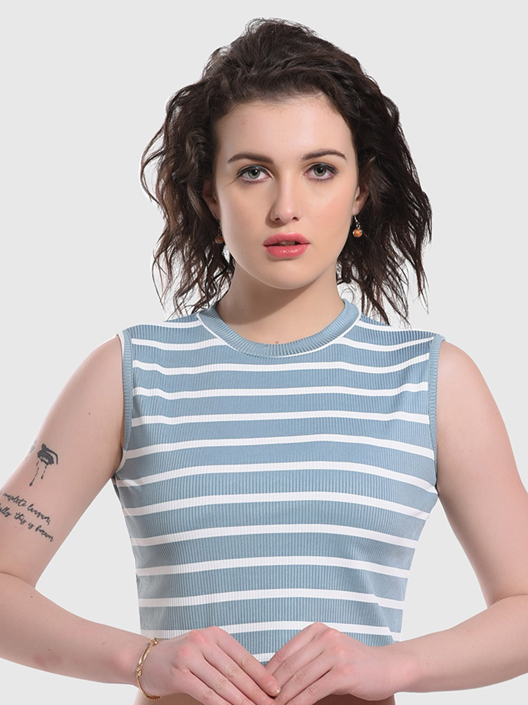 

ESOROUCHA Horizontal Stripes Sleeveless Crop Tank Top, Grey