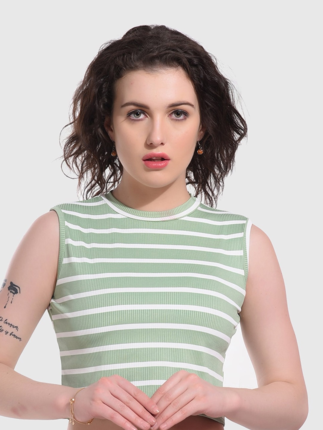 

ESOROUCHA Horizontal Stripes Sleeveless Crop Tank Top, Green