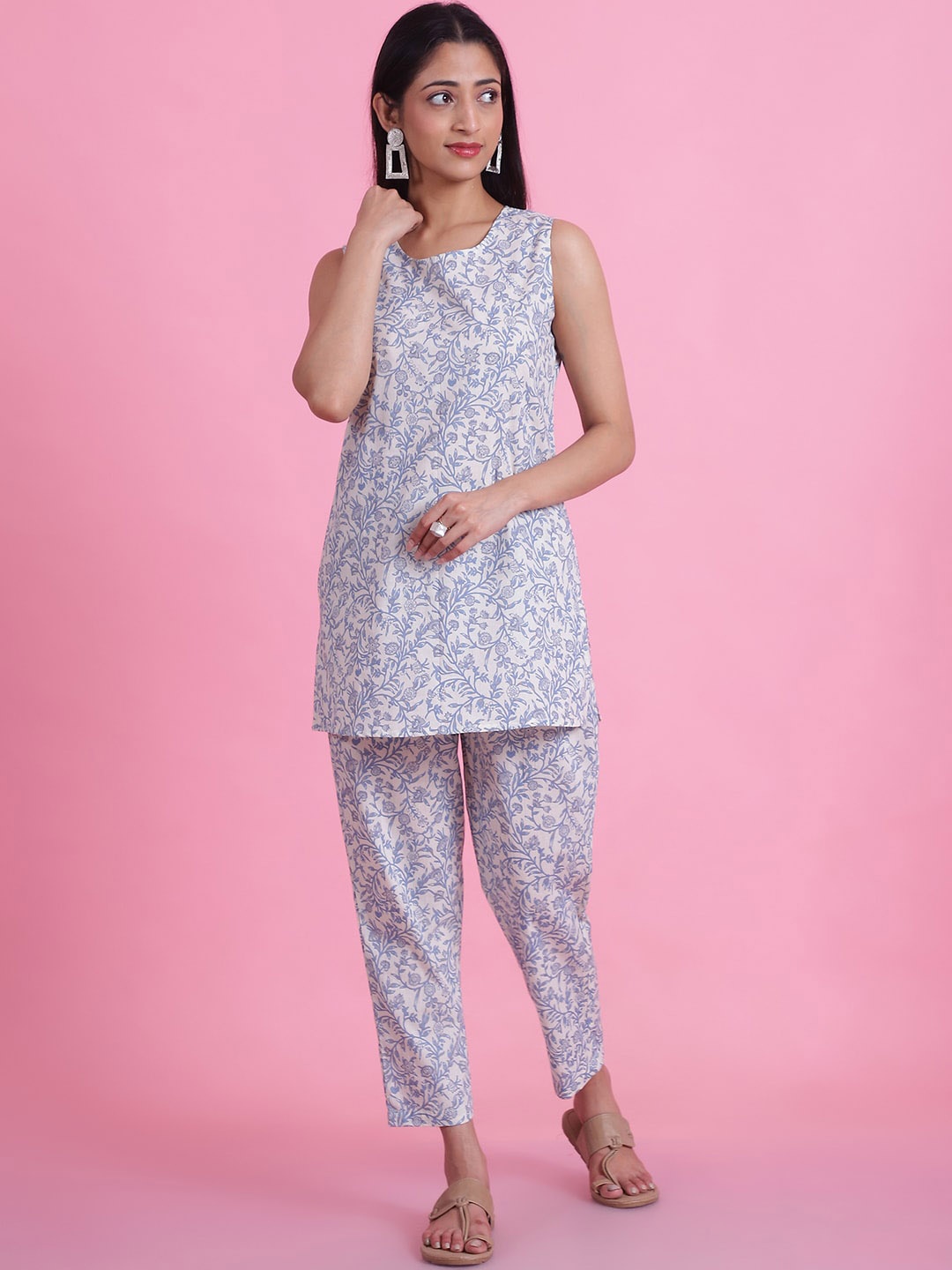 

Prakrti Women Printed Cotton Sleeveless Tunic With Trousers Set, Off white