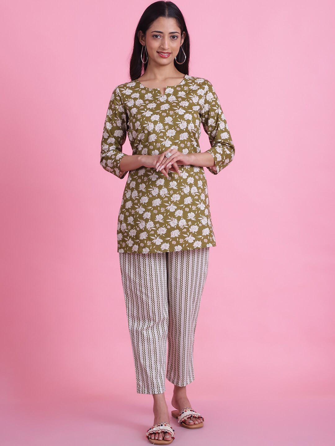 

Prakrti Printed Pure Cotton Tunic With Trousers Set, Olive