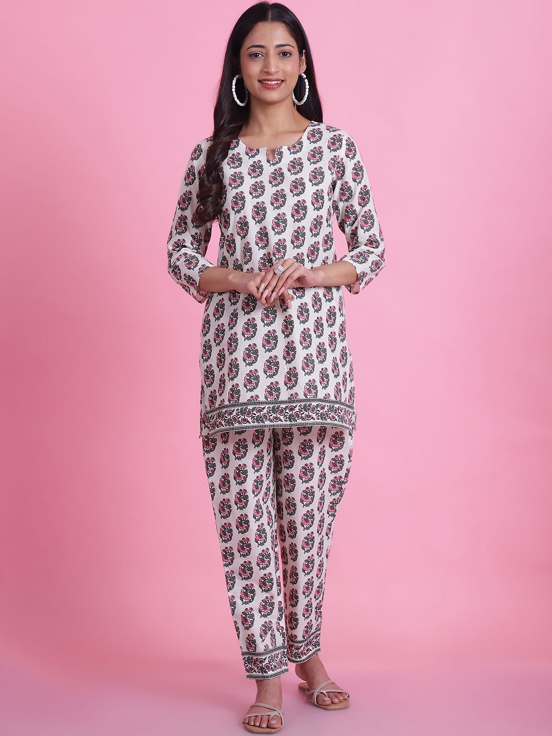 

Prakrti Printed Pure Cotton Tunic With Trousers Set, Cream
