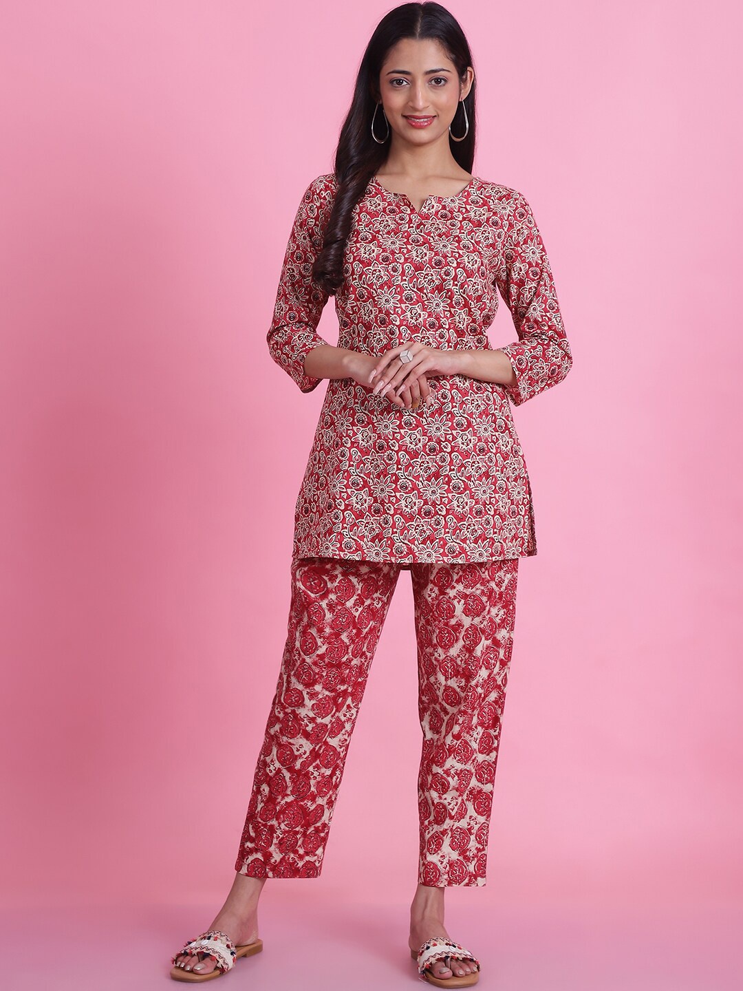 

Prakrti Women Printed Cotton Tunic With Trousers Coords Set, Maroon