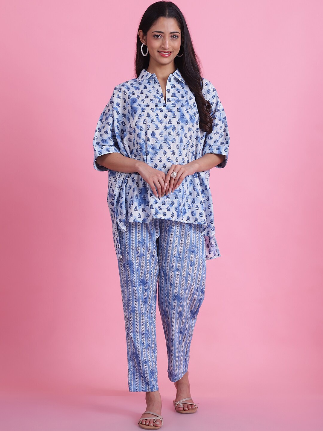 

Prakrti Women Printed Cotton Tunic With Trousers Set, Blue