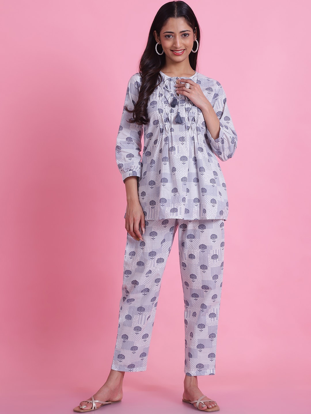 

Prakrti Printed Pure Cotton Tunic With Trousers Set, Grey
