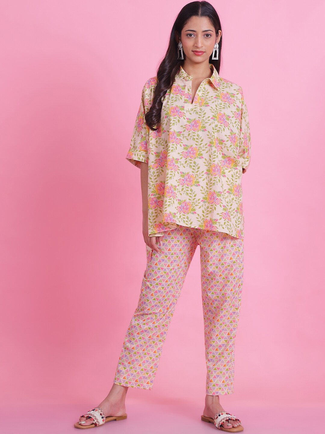 

Prakrti Women Printed Cotton Tunic With Trousers Set, Pink