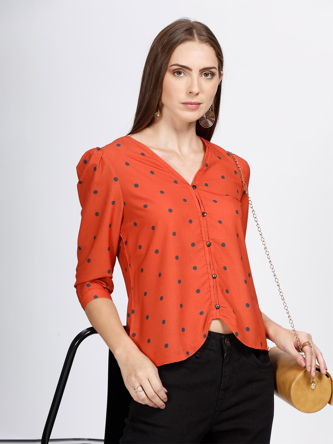 

SILISOUL Polka Dot Print Georgette Top, Orange