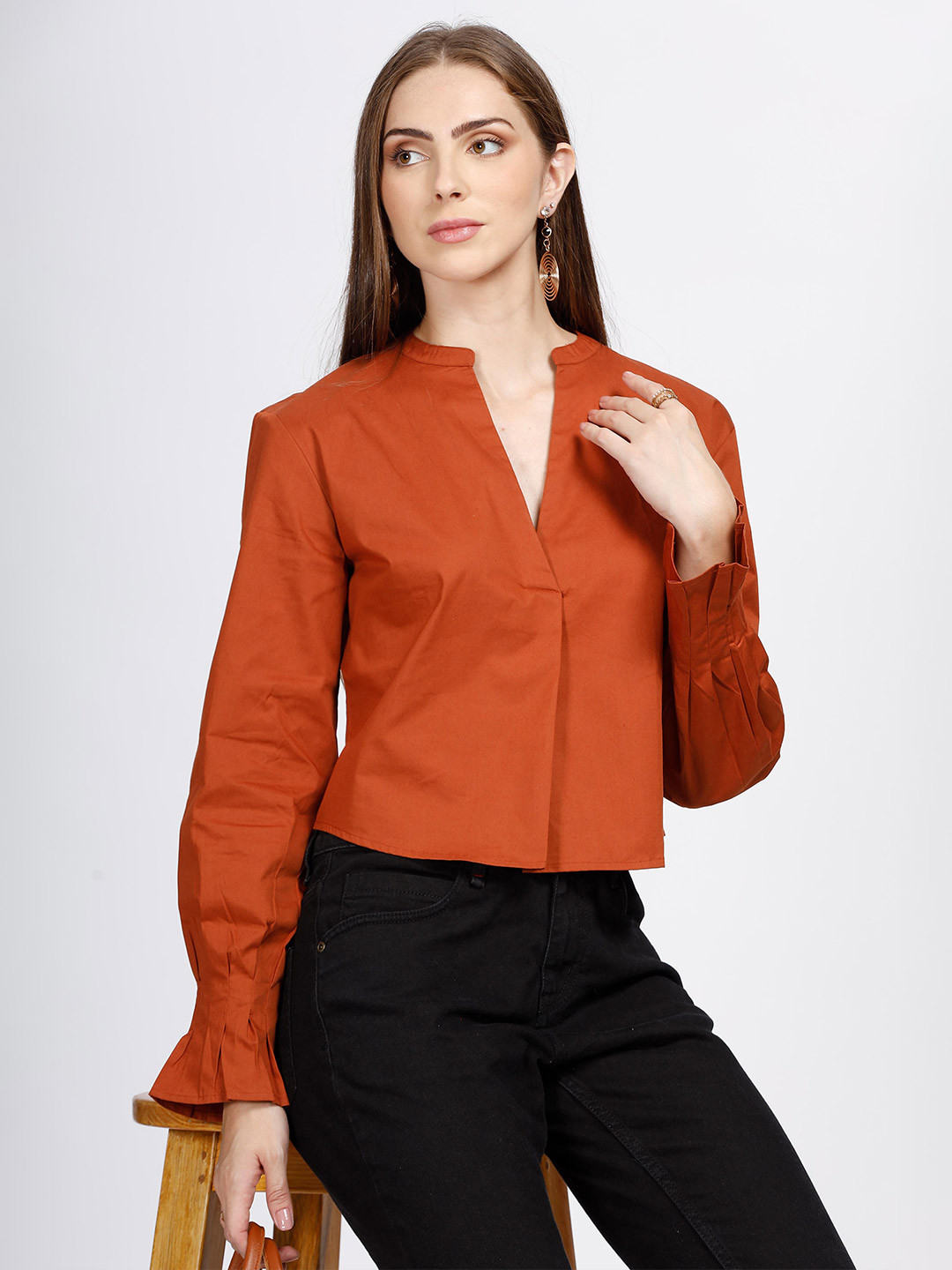 

SILISOUL Mandarin Collar Cotton Top, Rust