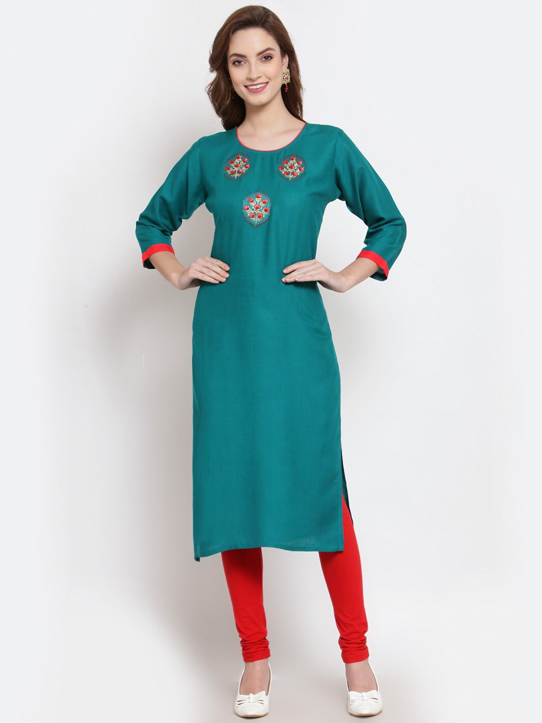 

KALINI Floral Embroidered Floral Straight Kurta, Sea green