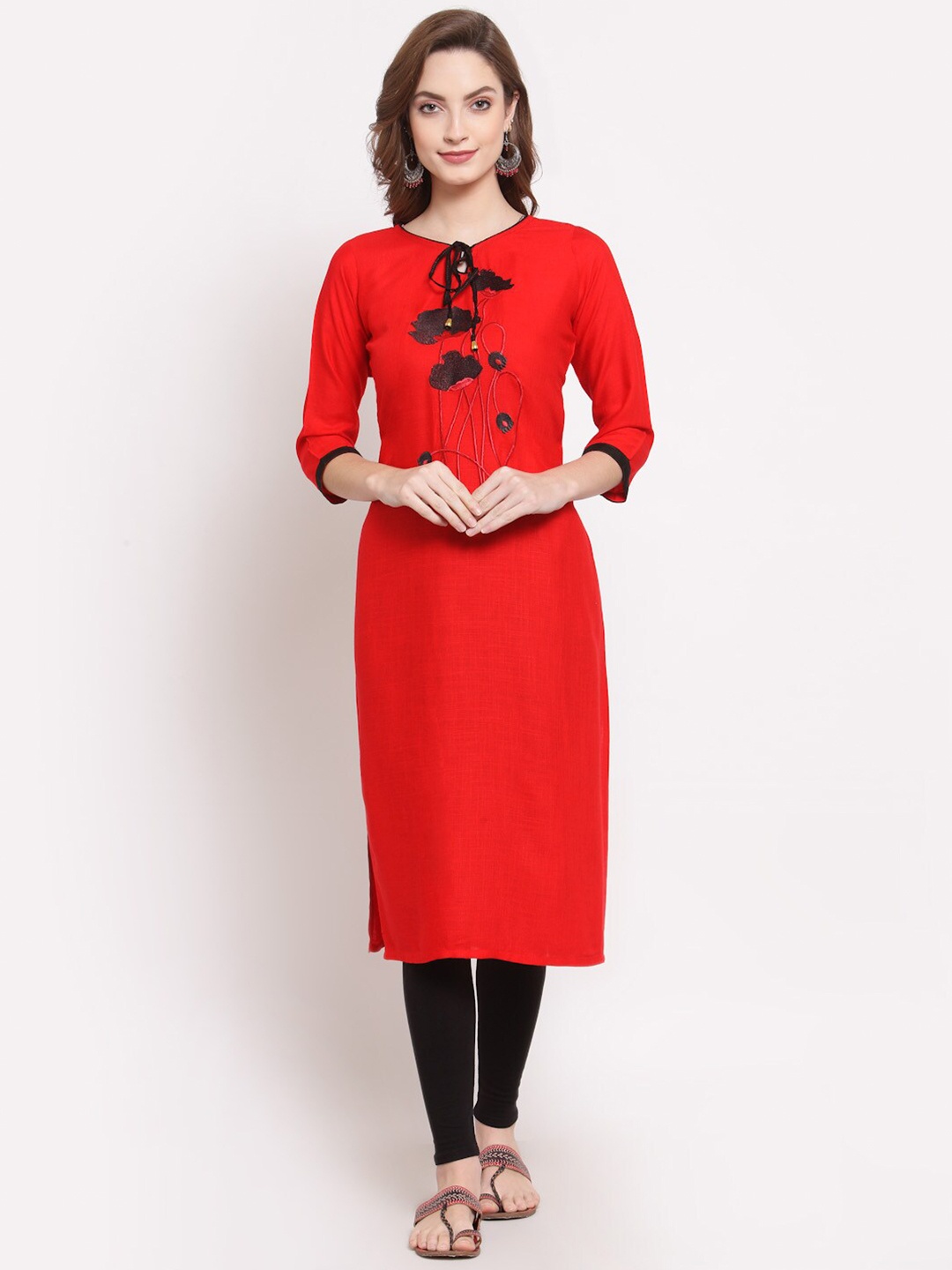 

KALINI Women Embroidered Keyhole Neck Kurti, Red