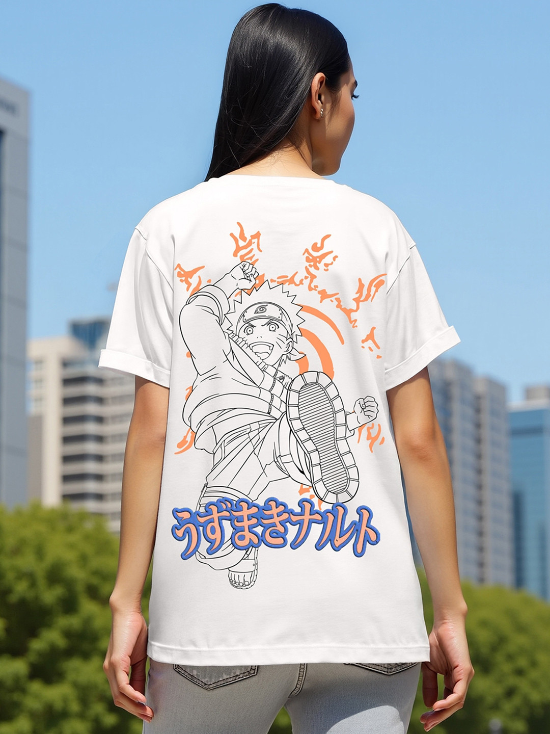 

Bewakoof Women Pure Cotton Naruto Uzumaki Graphic Printed Boyfriend T-shirt, White