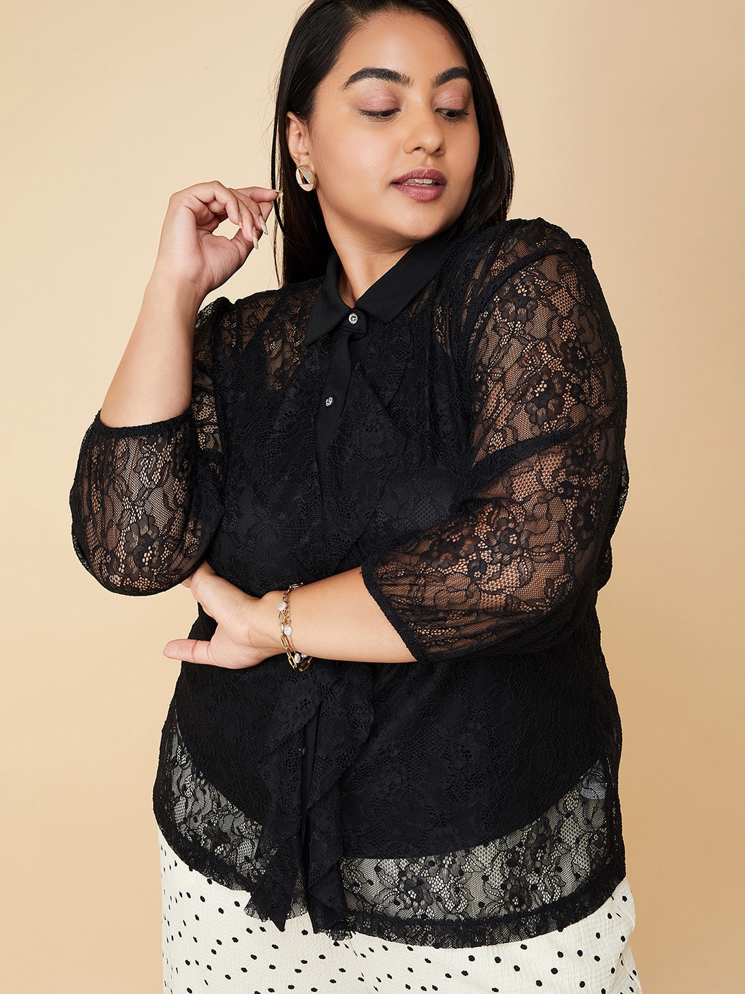 

max Self-Design Cotton Lace Top, Black
