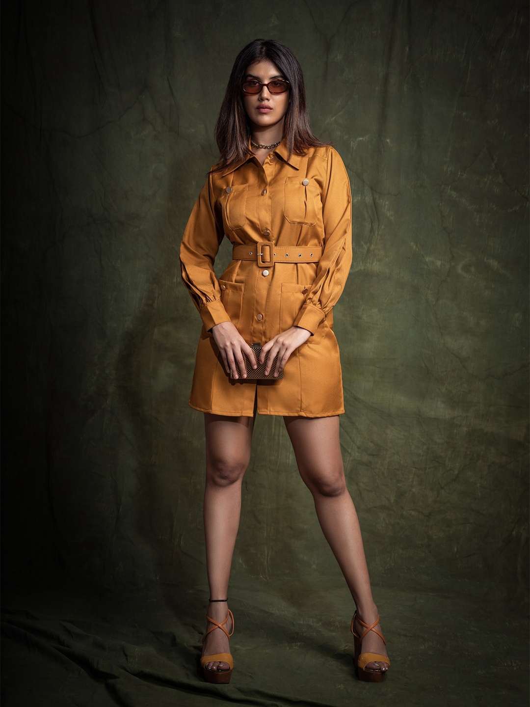 

brown sugar Cuffed Sleeves Shirt Mini Dress, Mustard