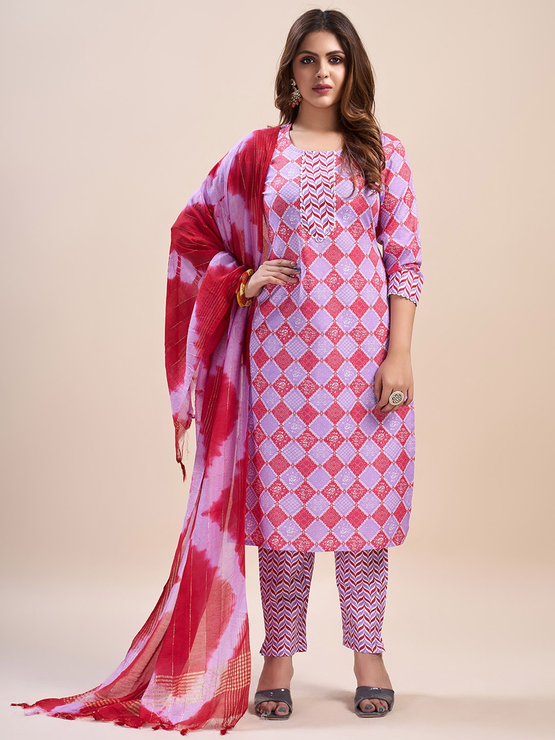 

VIRICA Printed U-Neck Three-Quarter Sleeves Pure Cotton Kurta with Trousers & With Dupatta, Purple