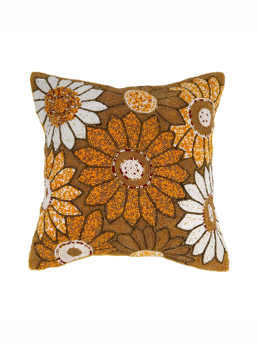 

AIVIK Brown & Yellow Floral Embellished Silk Square Cushion Cover