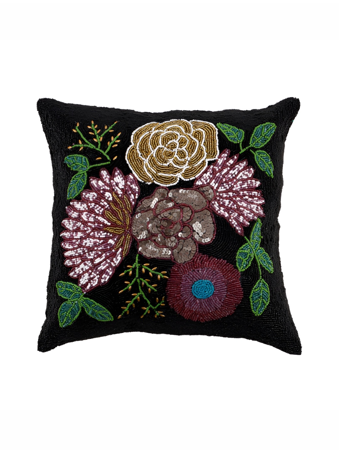 

AIVIK Black & Green Floral Embroidered Square Cushion Cover