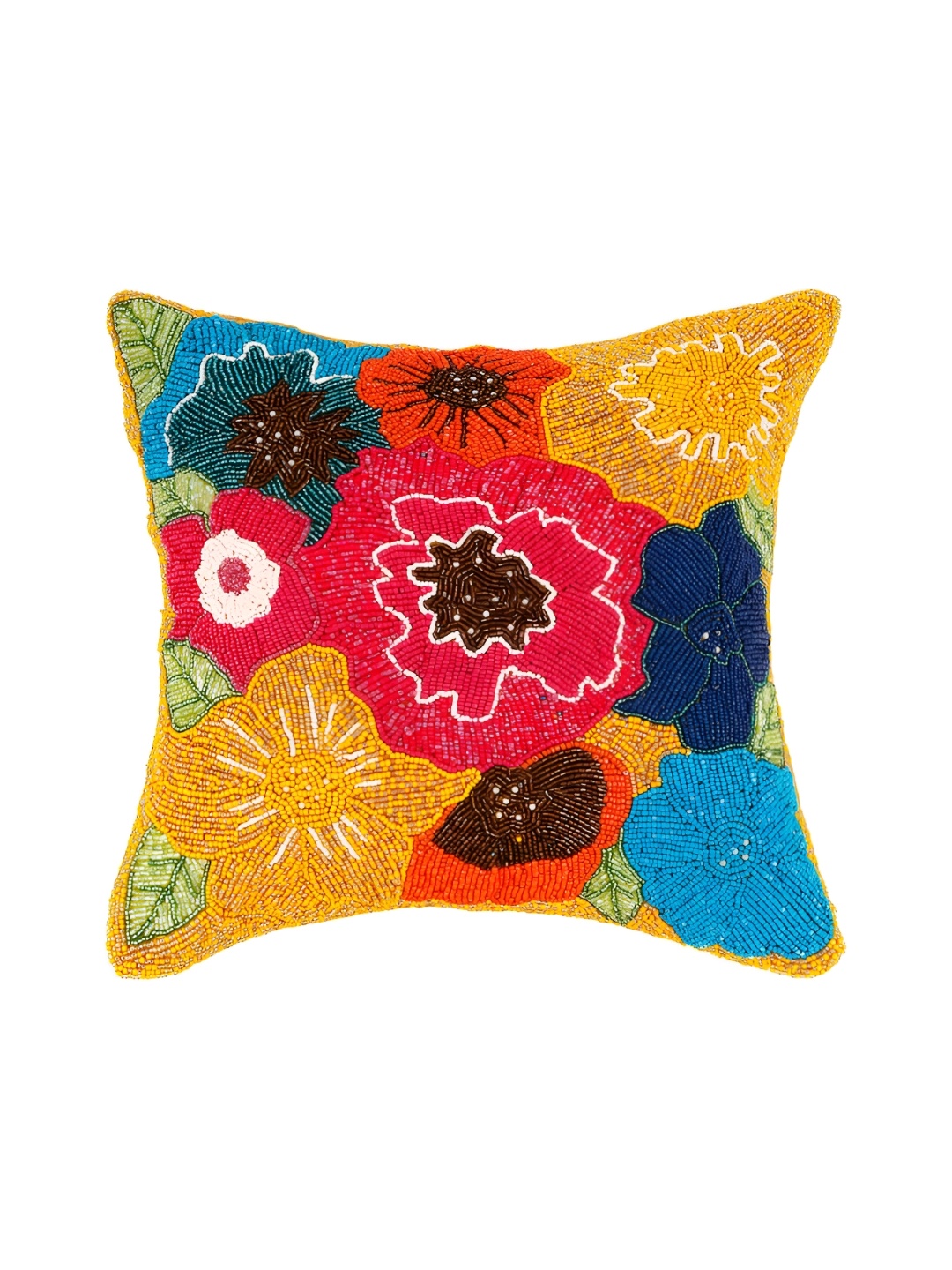 

AIVIK Yellow & Pink Floral Embellished Silk Square Cushion Cover