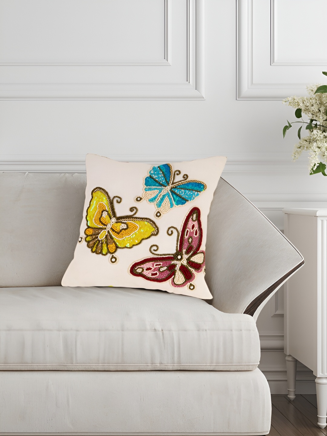 

AIVIK Yellow & Blue Quirky Embellished Silk Square Cushion Cover