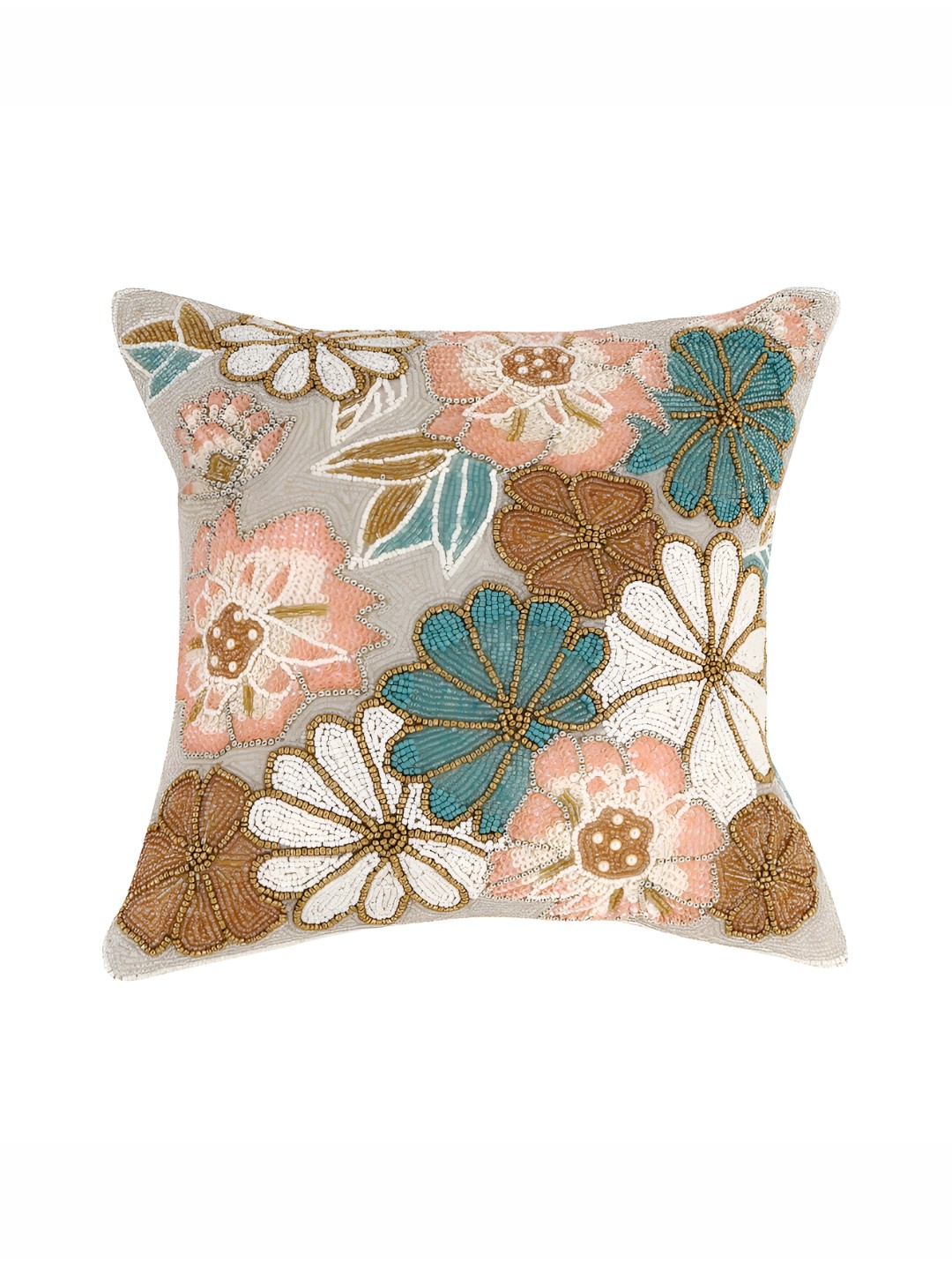 

AIVIK Peach & Blue Floral Embellished Silk Square Cushion Cover