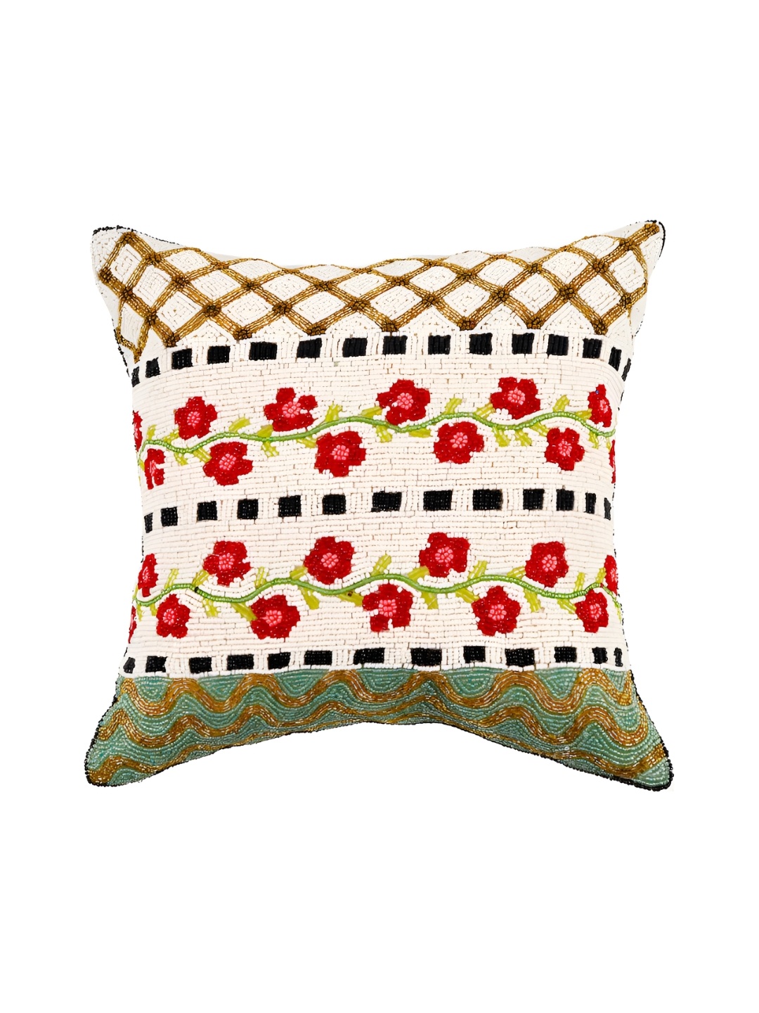 

AIVIK White & Green Floral Embroidered Silk Square Cushion Cover