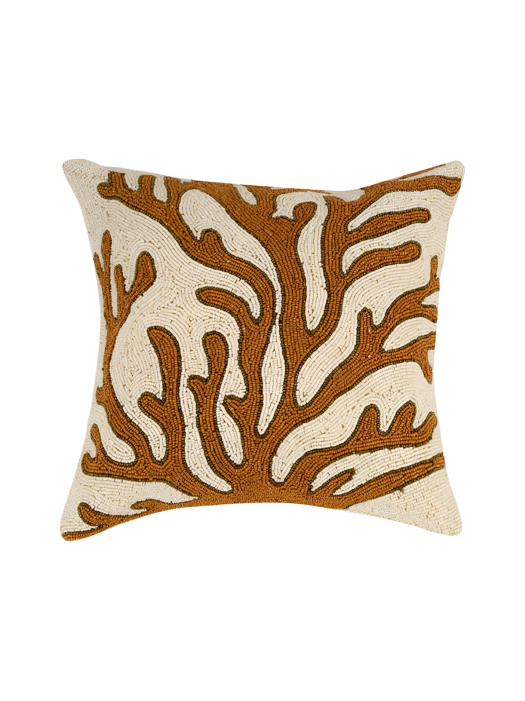 

AIVIK Cream & Brown Ethnic Motifs Embroidered Silk Square Cushion Cover