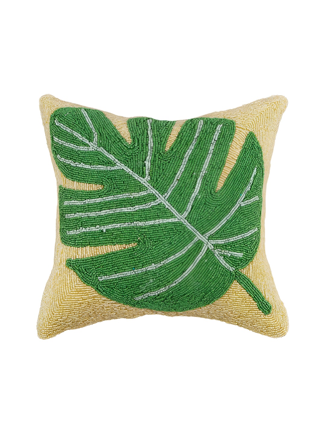 

AIVIK Cream & Green Floral Embellished Silk Square Cushion Cover