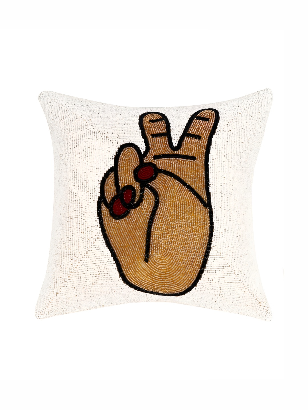 

AIVIK White & Beige Quirky Embellished Silk Square Cushion Cover