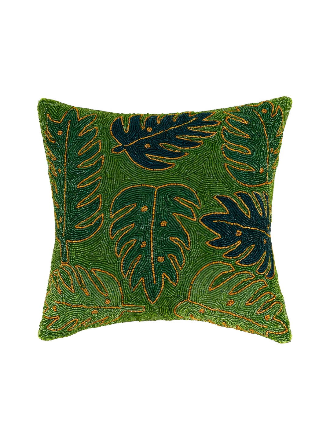 

AIVIK Green Self Design Embellished Silk Square Cushion Cover