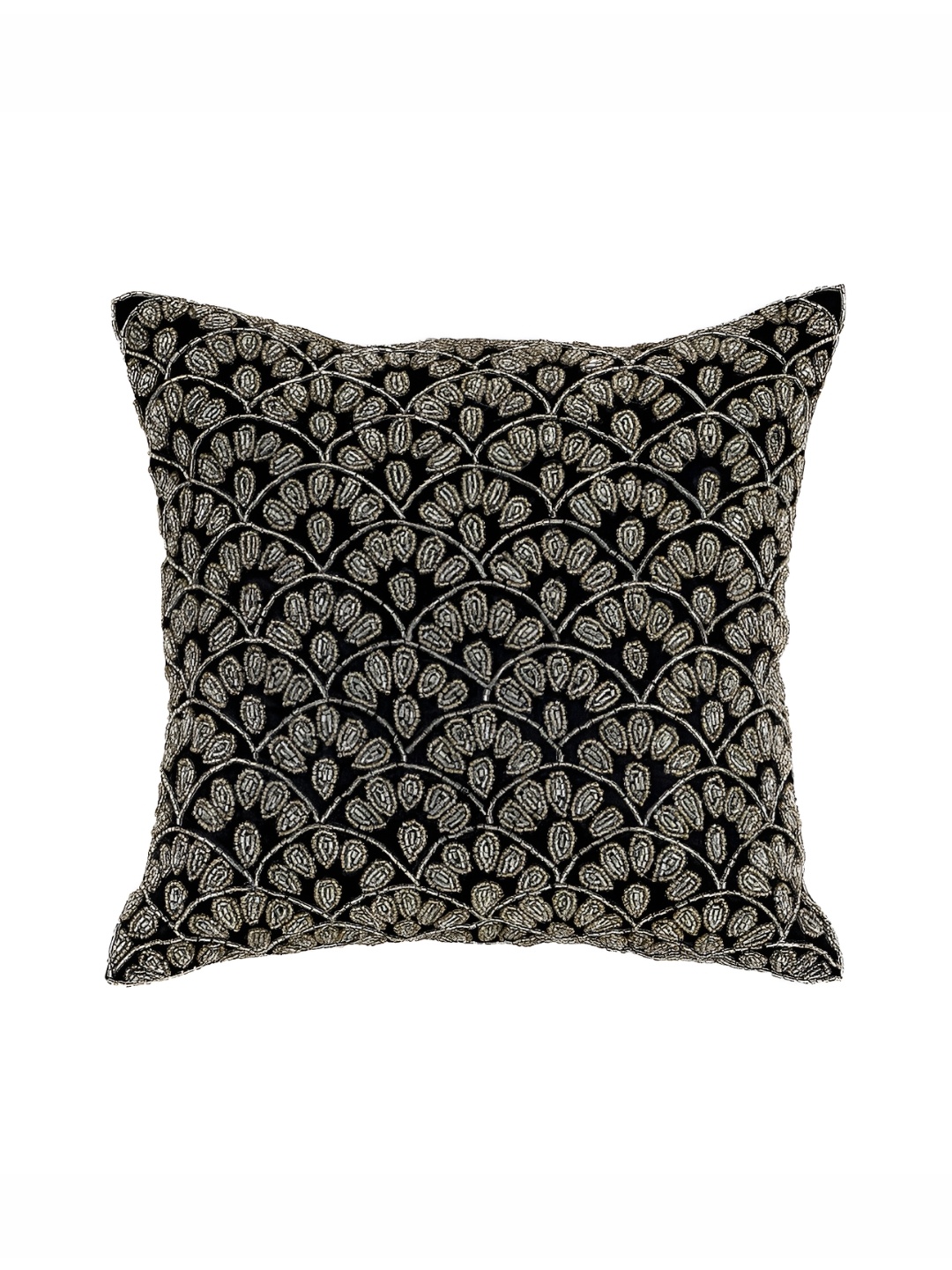 

AIVIK Black & Gold-Toned Ethnic Motifs Embroidered Silk Square Cushion Cover