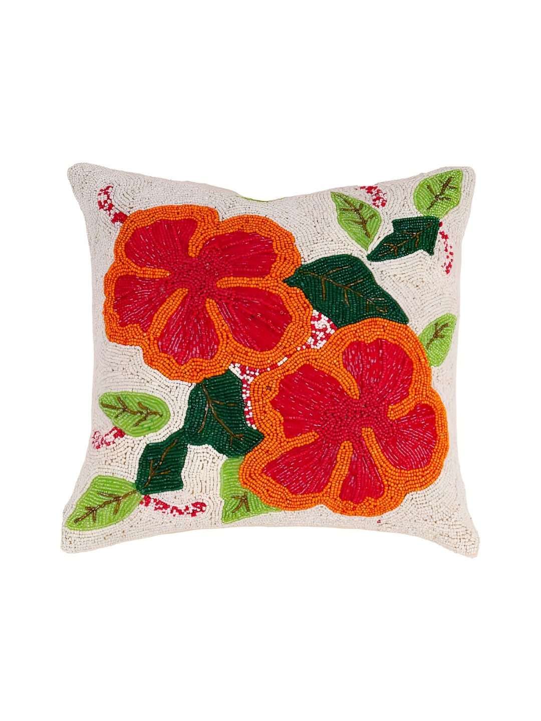 

AIVIK White & Orange Floral Embroidered Silk Square Cushion Cover
