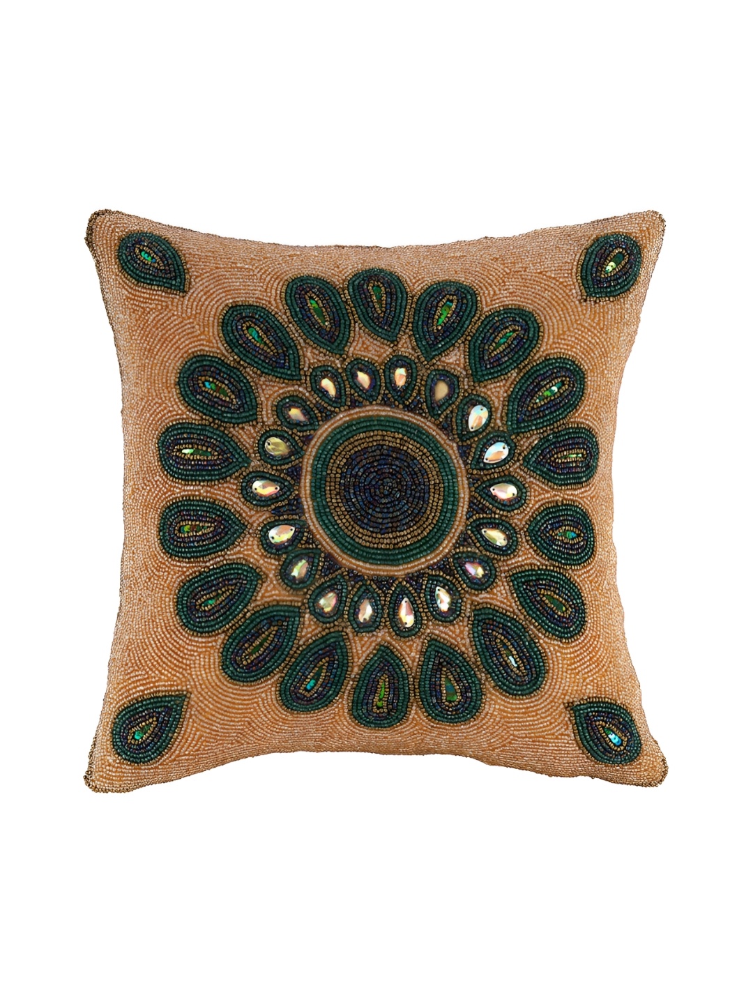 

AIVIK Green & Peach Floral Embellished Silk Square Cushion Cover