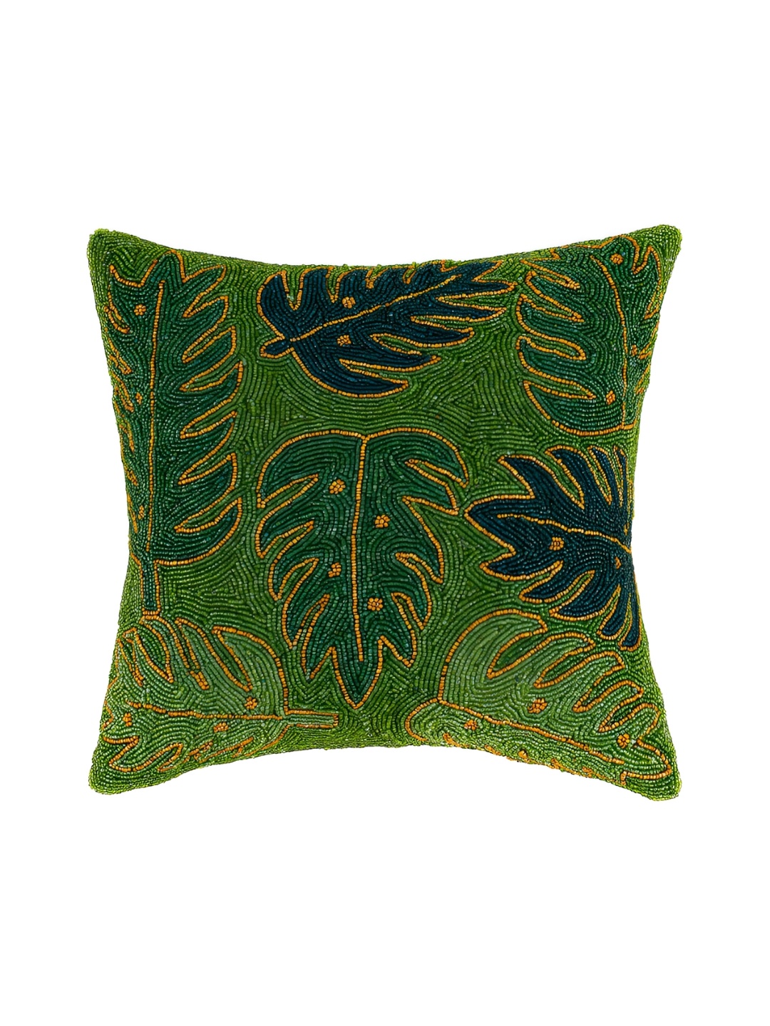 

AIVIK Green Floral Embellished Silk Square Cushion Cover