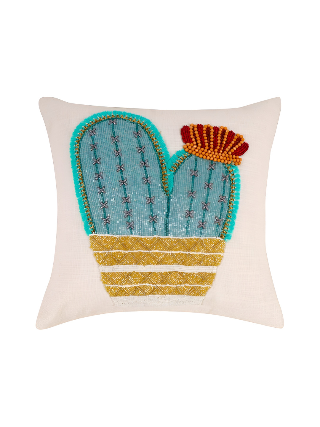

AIVIK White & Blue Embellished Silk Square Cushion Cover