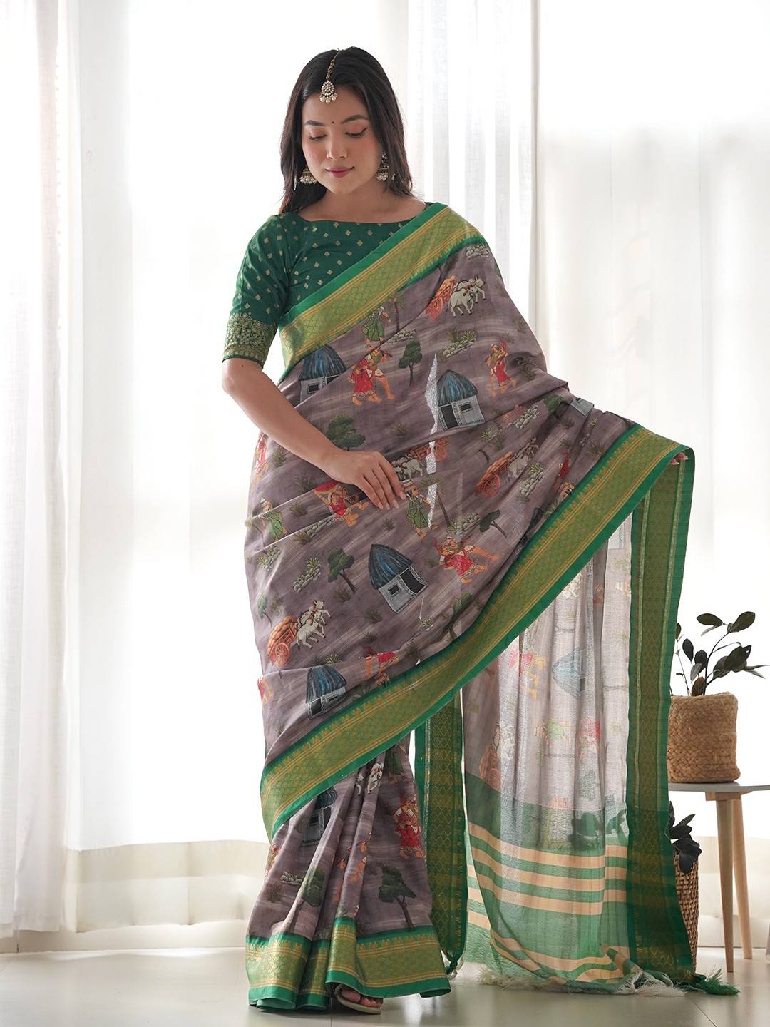 

Chandbaali Kalamkari Zari Art Silk Saree, Olive