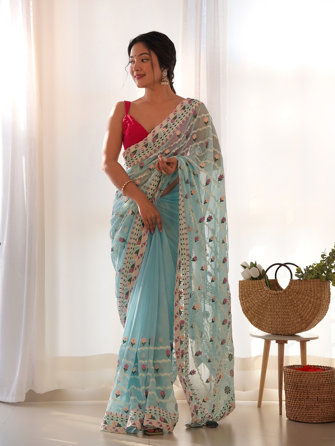 

Chandbaali Floral Embroidered Organza Saree, Blue