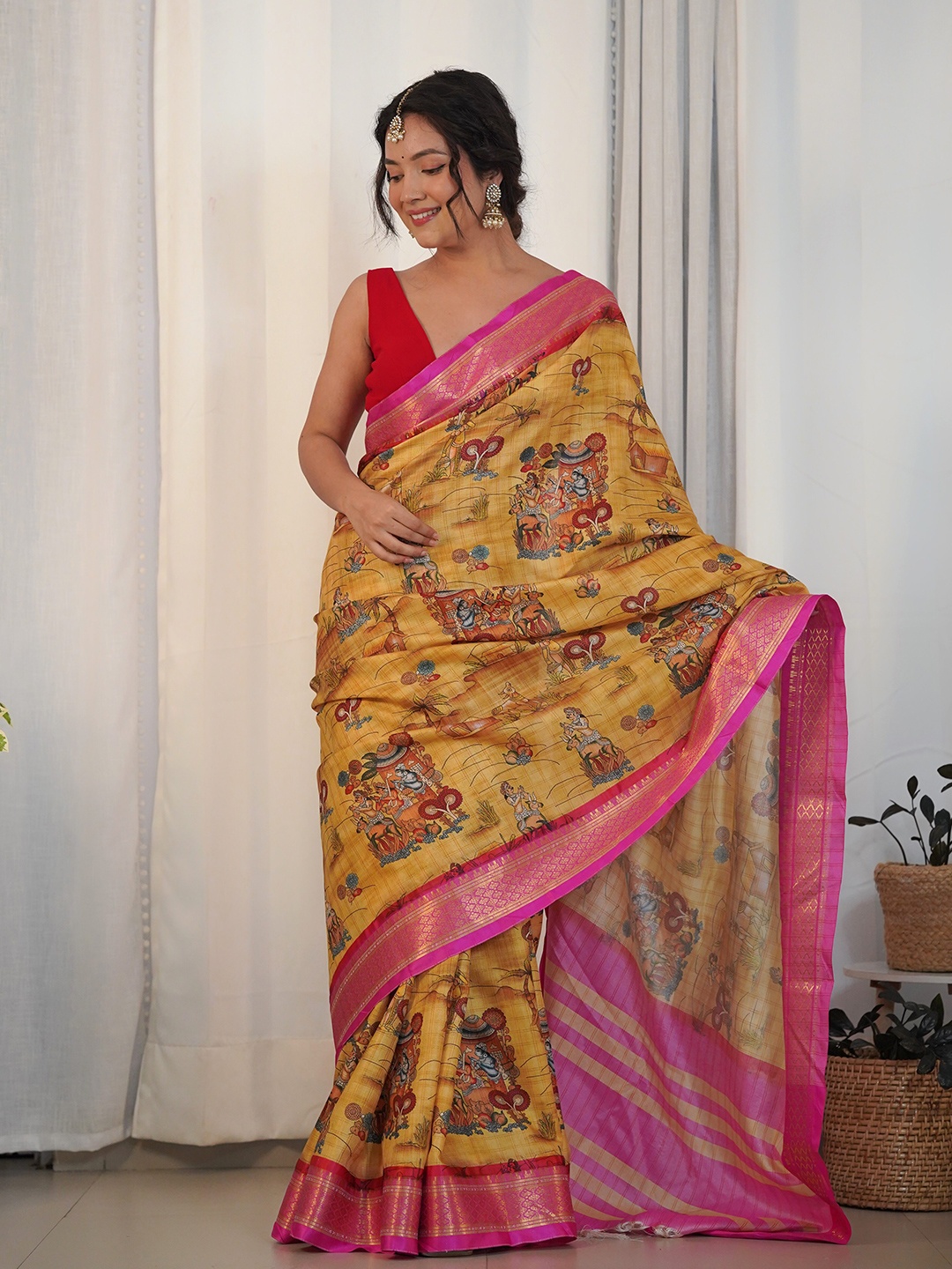 

Chandbaali Kalamkari Zari Art Silk Saree, Yellow