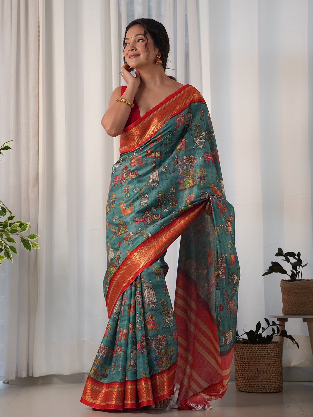

Chandbaali Kalamkari Zari Art Silk Saree, Blue