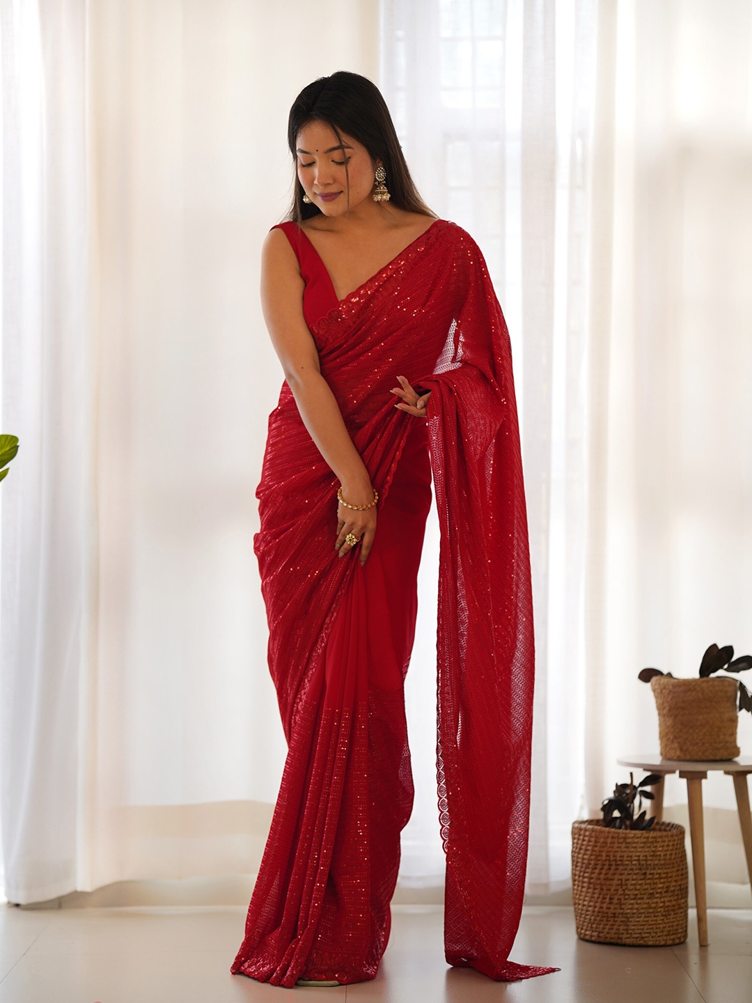 

Chandbaali Striped Sequinned Pure Georgette Saree, Red