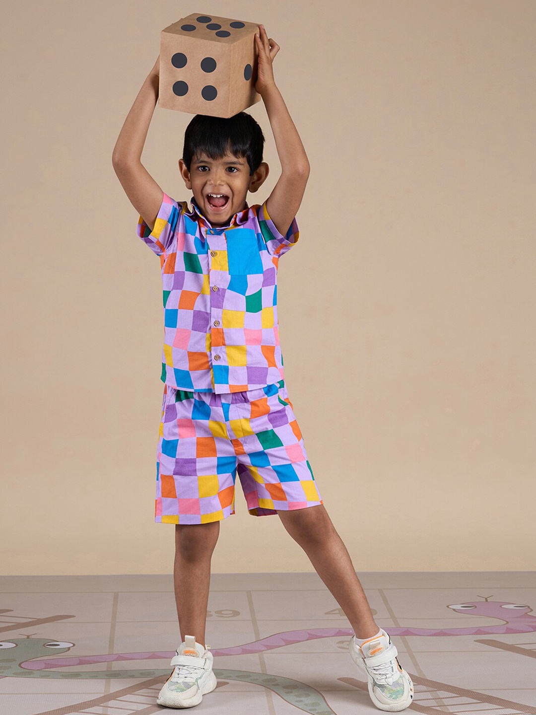 

LIL DRAMA Boys Checked Shirt Collar Pure Cotton Shirt with Shorts, Purple