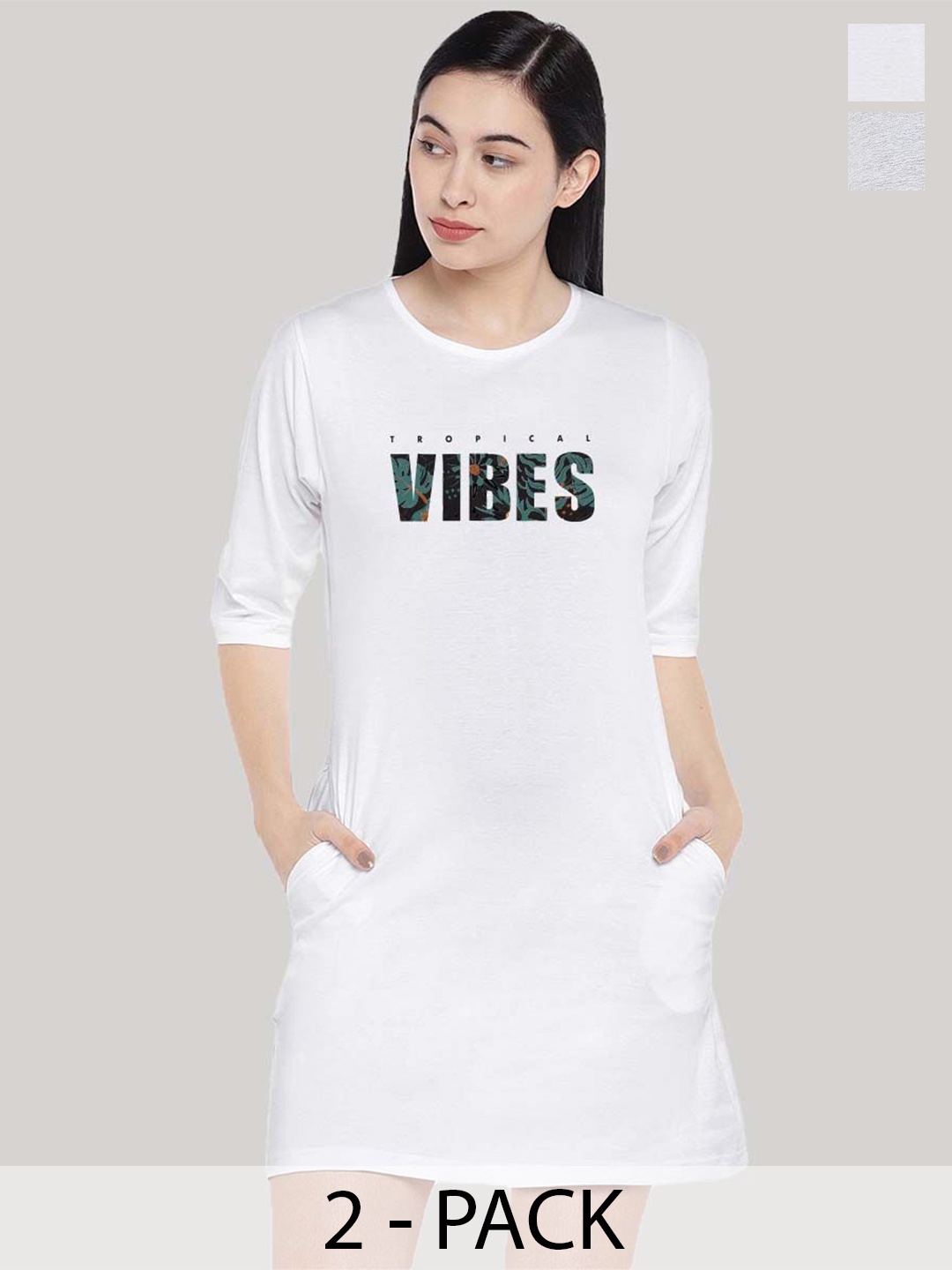 

STATUS MANTRA Pack Of 2 Typography Printed Cotton T-shirt Dress, White
