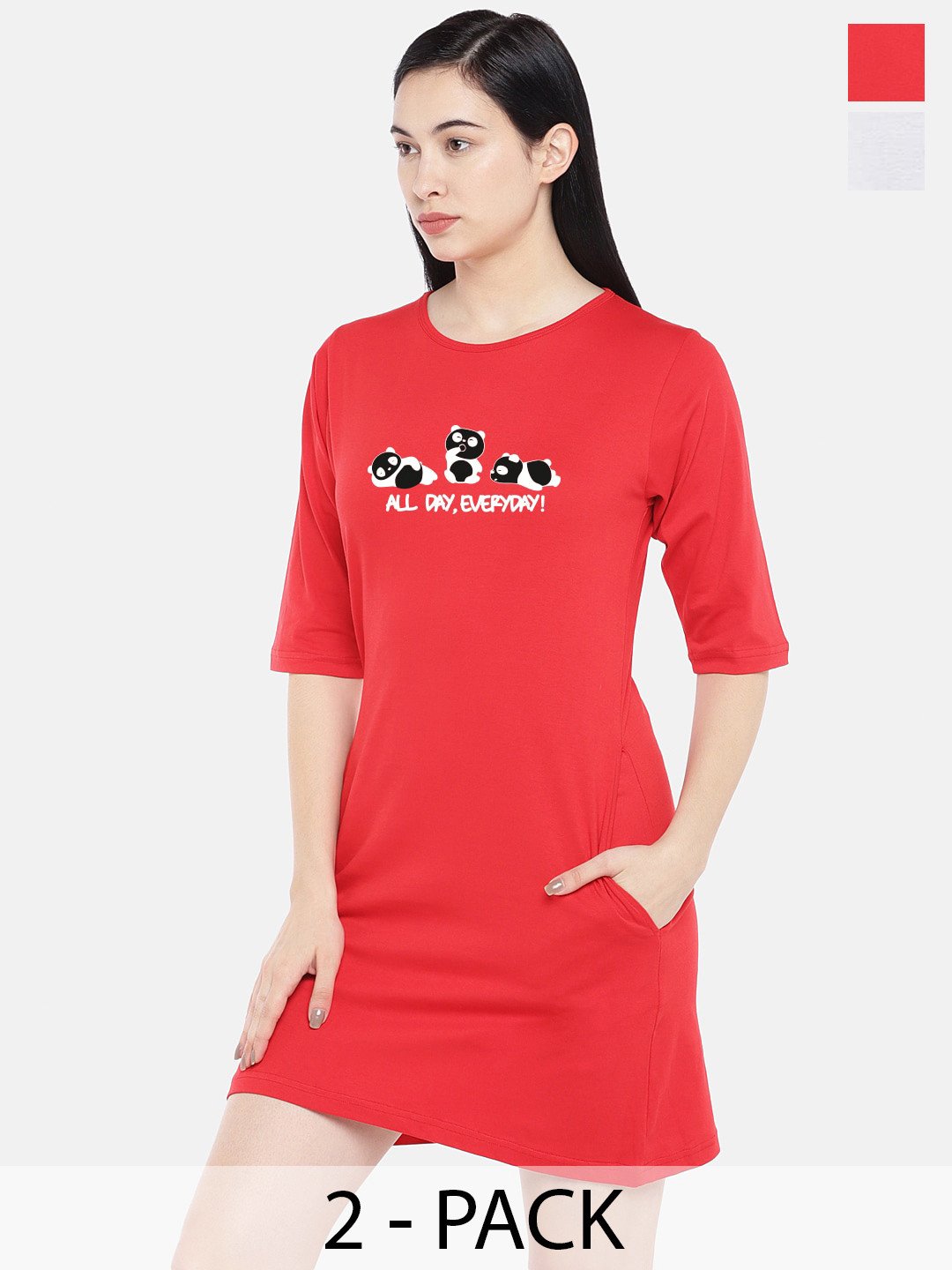 

STATUS MANTRA Pack Of 2 Typography Printed Cotton T-shirt Dress, Red