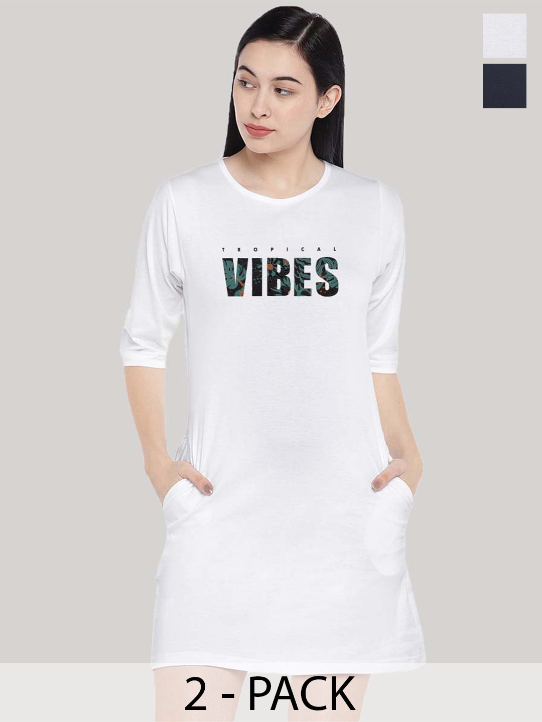 

STATUS MANTRA Pack Of 2 Typography Printed Cotton T-shirt Dress, White