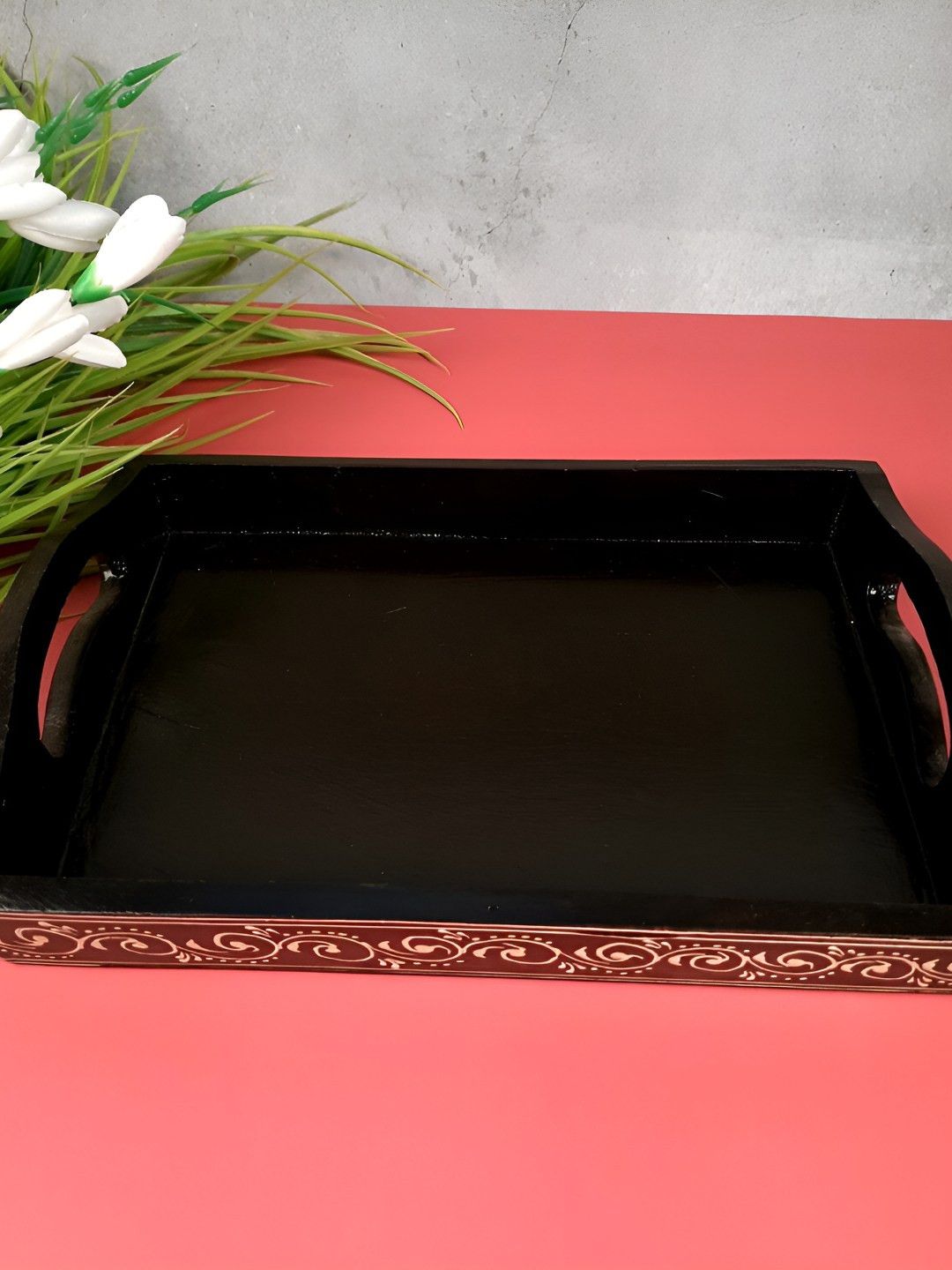 

apka mart Beige & Black Printed Rectangle Wooden Serving Tray