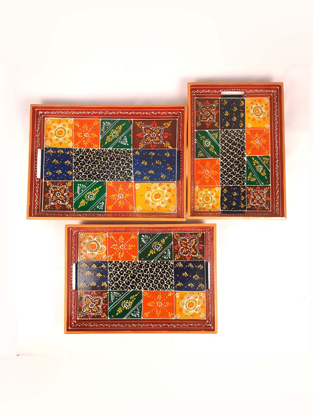 

apka mart Set Of 3 Printed Wooden Serving Tray, Green