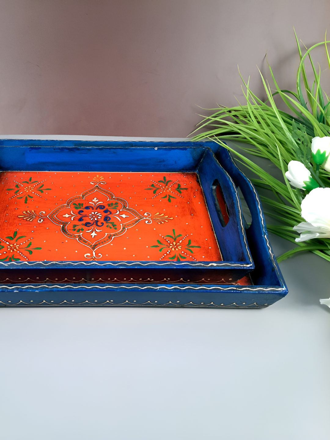 

apka mart Set Of 2 Orange & Blue Printed Wooden Serving Tray