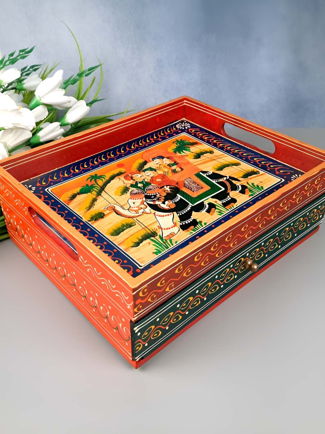 

apka mart Brown & Red Printed Serving Tray With Drawer