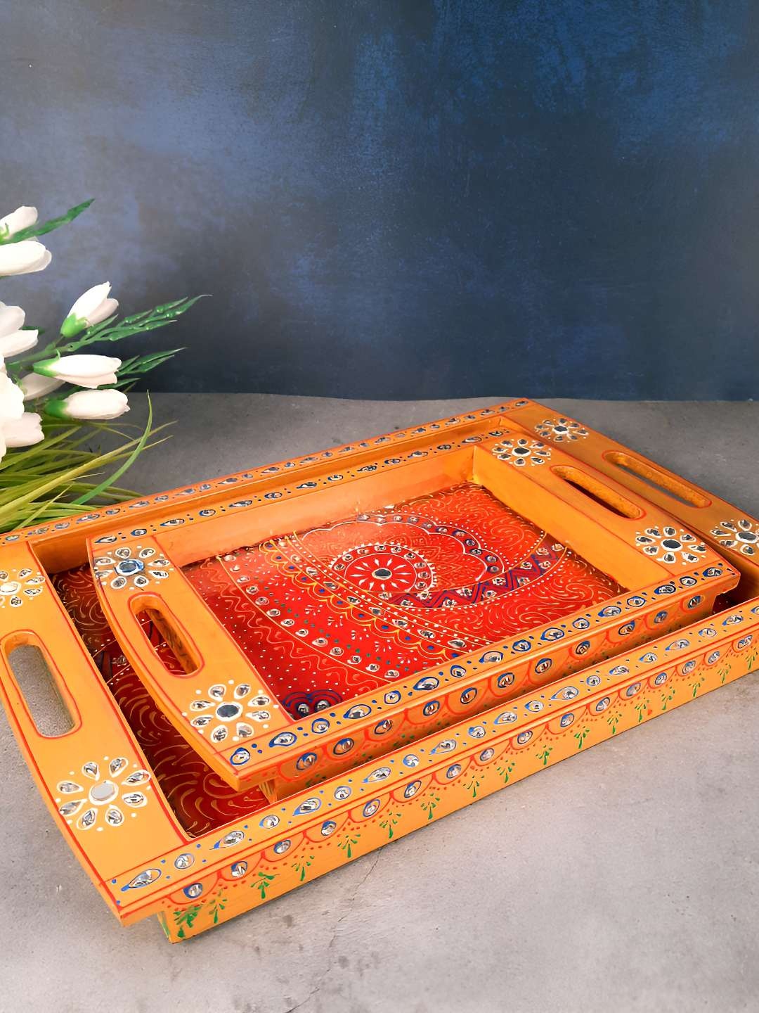 

apka mart Set Of 2 Printed Wooden Serving Tray, Orange