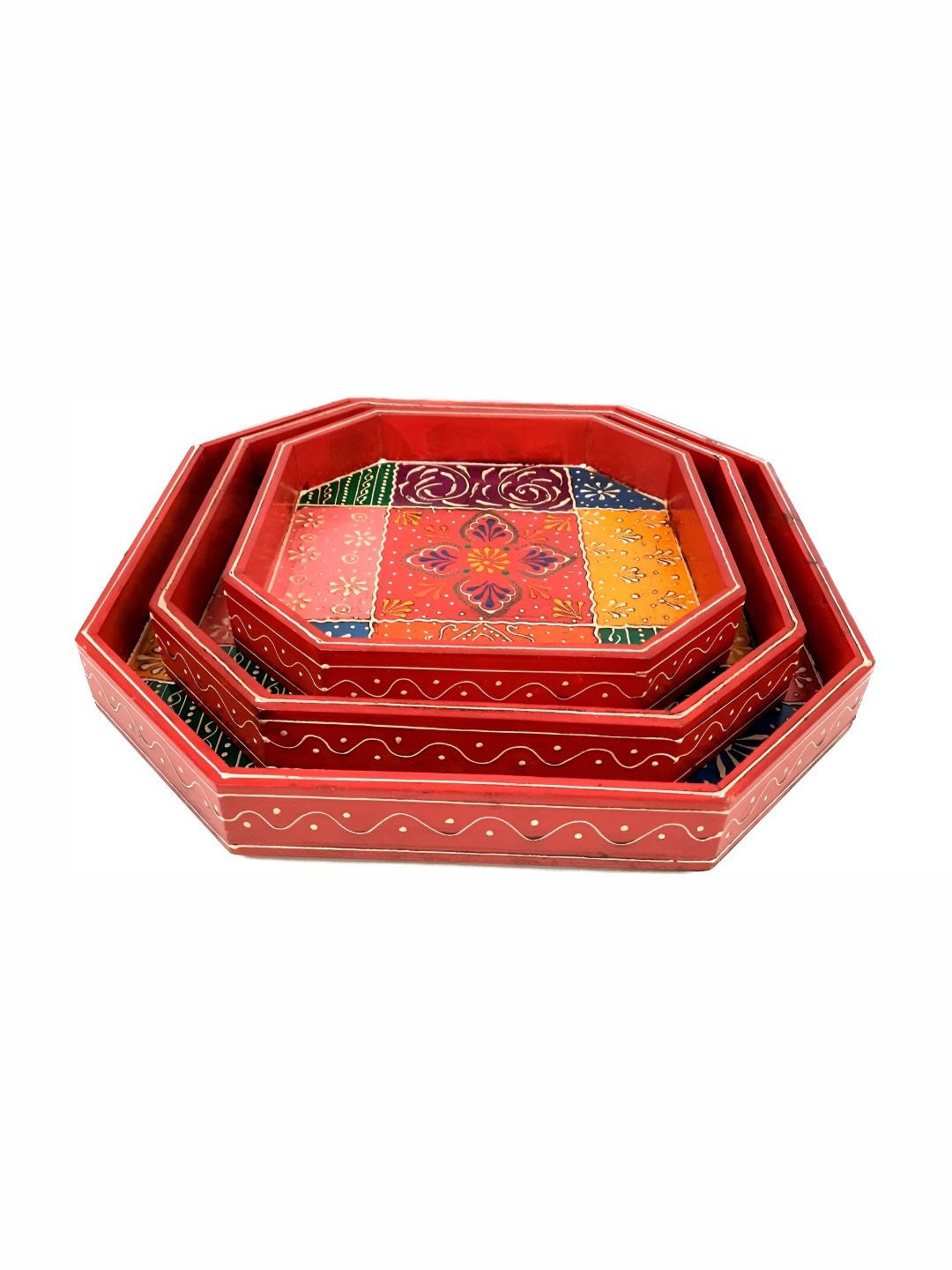 

apka mart Set Of 3 Red & Blue Printed Wooden Serving Tray
