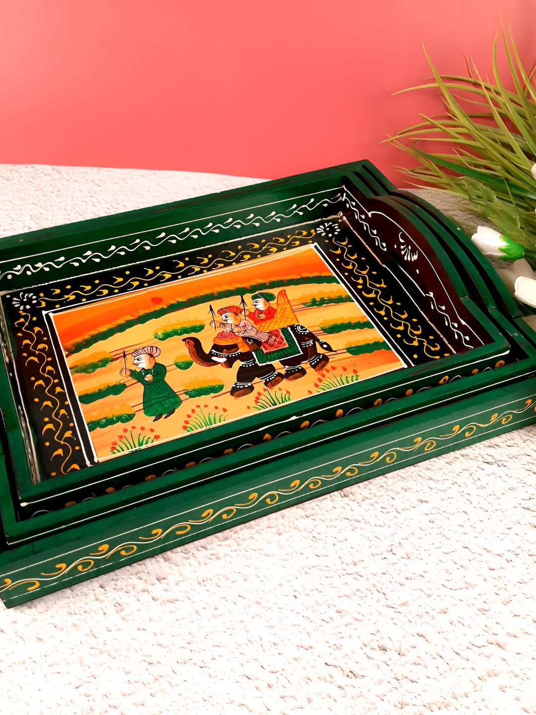 

apka mart Yellow & Green Printed Wooden Serving Tray